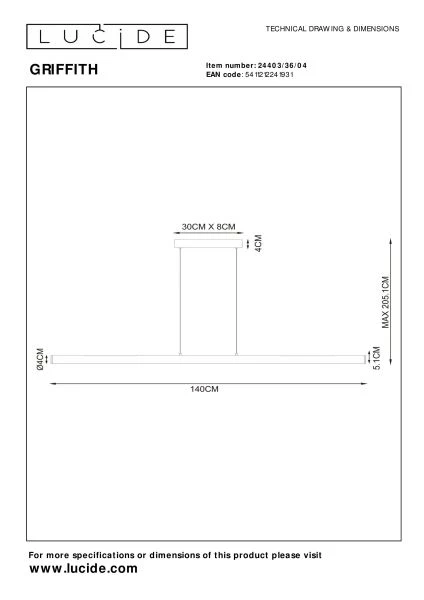 Lucide Premium GRIFFITH - Hanglamp - LED Dimb. - CCT - 1x33W 2700K/4000K - Brons - technisch